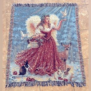 Dona Gelsinger Christmas Angel Tapestry Blanket Throw Woodland Creatures Animals